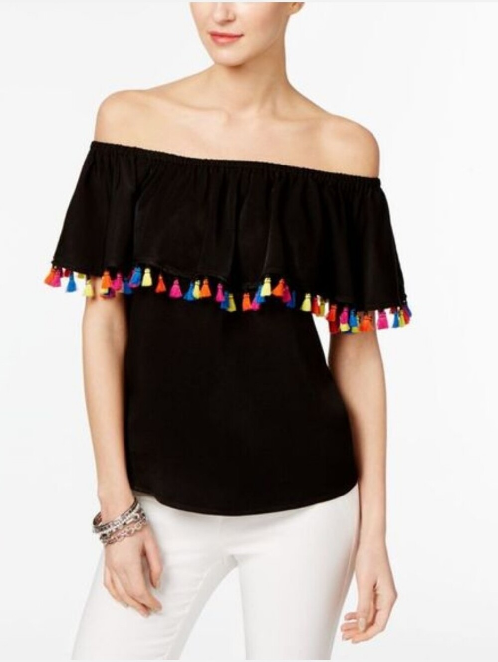 INC International Concepts Off-Shoulder Tassel Trim Women’s Top